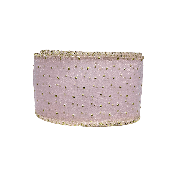 Fita Organza Com Poá Dourado 40mm | Metro | Cor: Rosa Bebê