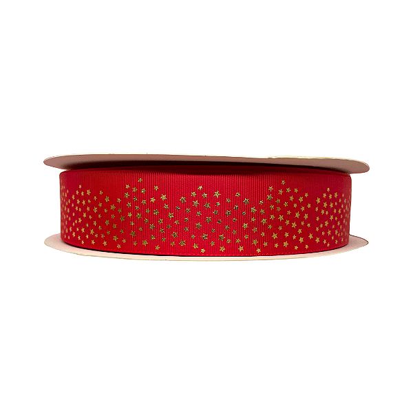 Fita Gorgurão Yama Com Estrela Dourada 38mm | Metro | Cor: Vermelho