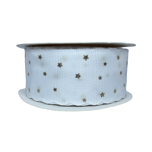 Fita Gorgurão Com Borda Ondulada e Estampa Estrela Dourada 38mm | Metro | Cor: Branco
