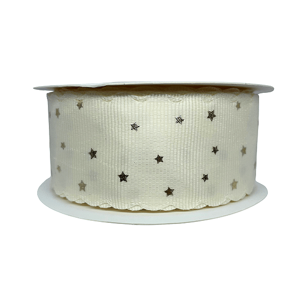Fita Gorgurão Com Borda Ondulada e Estampa Estrela Dourada 38mm | Metro | Cor: Marfim
