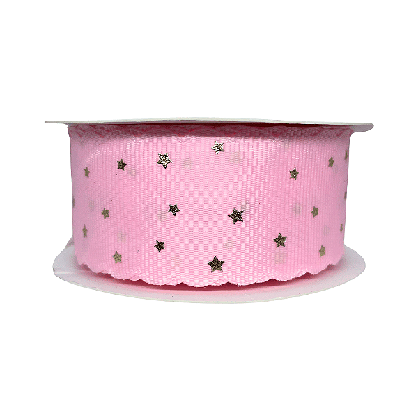 Fita Gorgurão Com Borda Ondulada e Estampa Estrela Dourada 38mm | Metro | Cor: Rosa Bebê