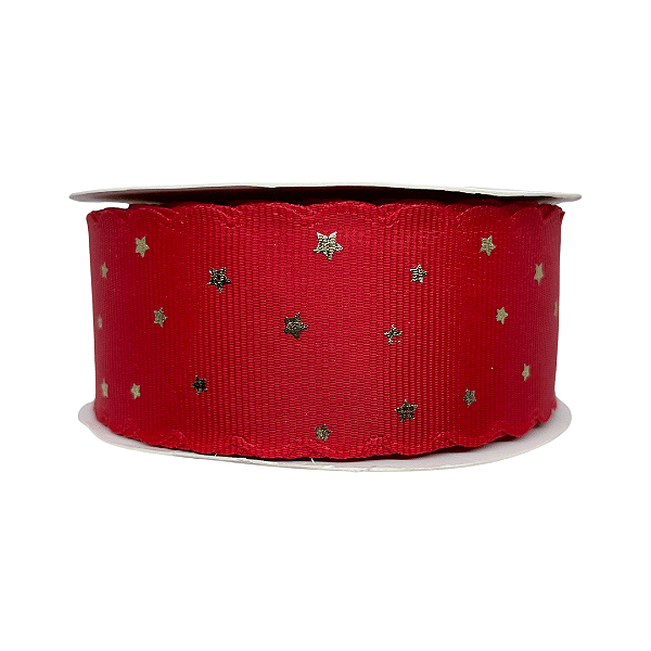 Fita Gorgurão Com Borda Ondulada e Estampa Estrela Dourada 38mm | Metro | Cor: Vermelho