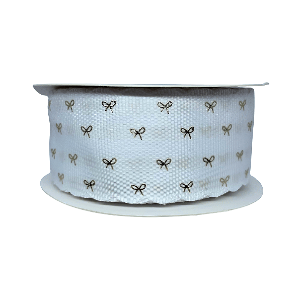 Fita Gorgurão Com Borda Ondulada e Estampa Laço Dourado 38mm | Metro | Cor: Branco