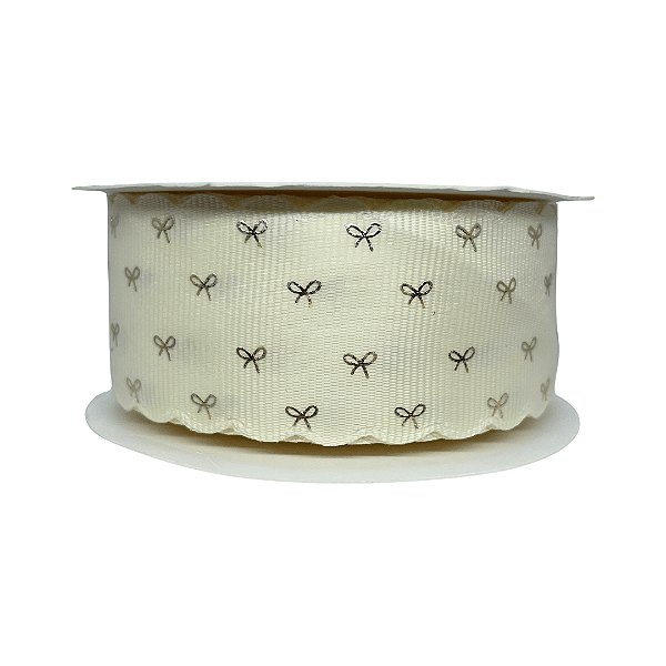 Fita Gorgurão Com Borda Ondulada e Estampa Laço Dourado 38mm | Metro | Cor: Marfim