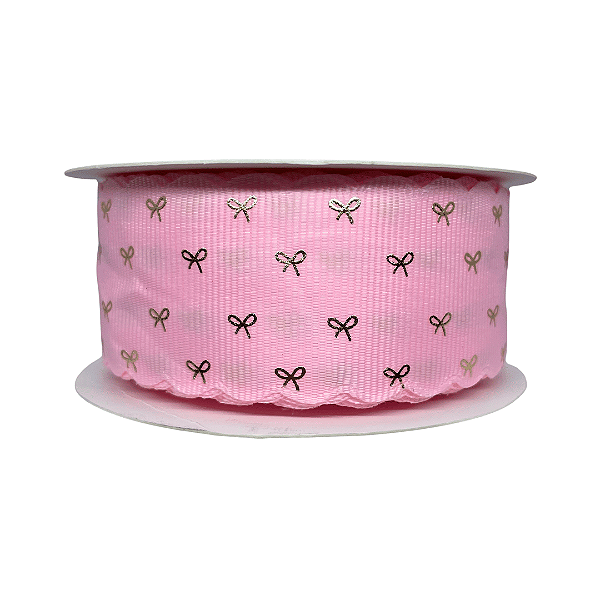 Fita Gorgurão Com Borda Ondulada e Estampa Laço Dourado 38mm | Metro | Cor: Rosa Bebê