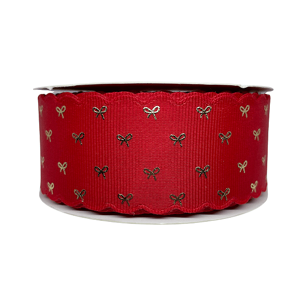 Fita Gorgurão Com Borda Ondulada e Estampa Laço Dourado 38mm | Metro | Cor: Vermelho