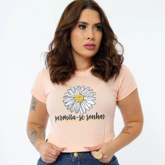 T-SHIRT MARGARIDA COM PEROLAS - SALMÃO