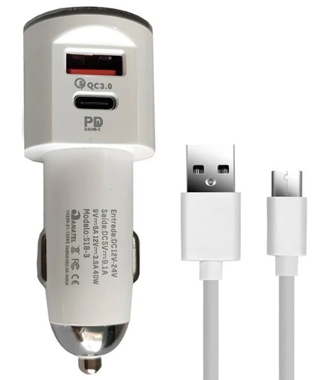 Carregador Veicular Turbo S18-3 HMaston 48W 2/24VDC 5VDC 9.1A Branco com Cabo Tipo C