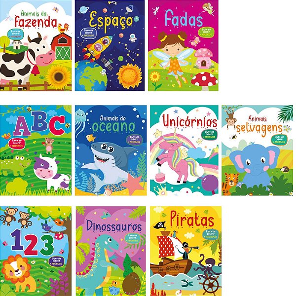 Kit com 10 Livros de Colorir + Adesivos