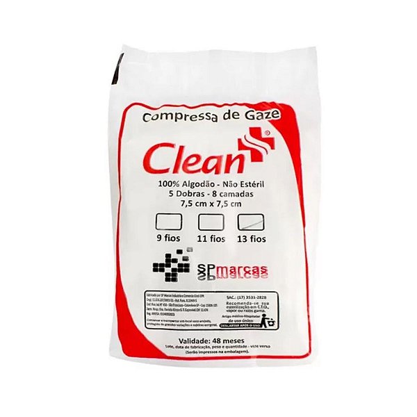 Compressa de Gaze 13 Fios 8 Camadas 7,5 x 7,5cm Clean