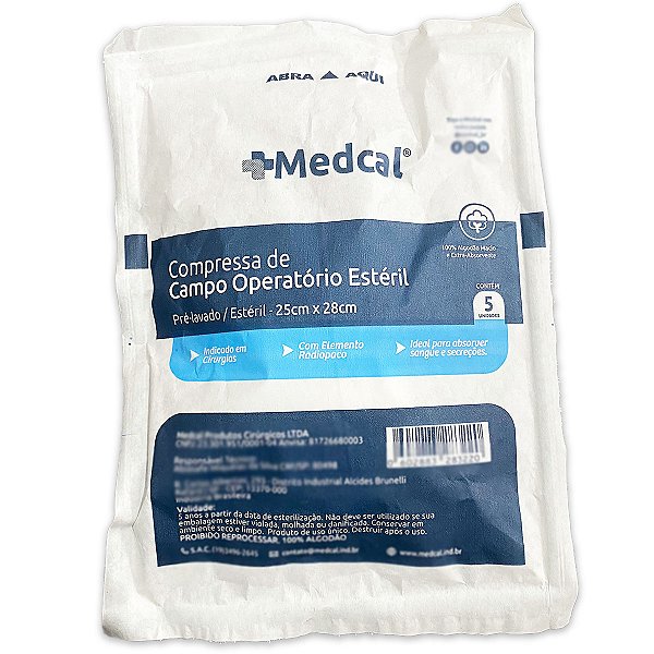 Compressa de Campo Operatório Estéril com RX 25x28cm Medcal 5 unidades