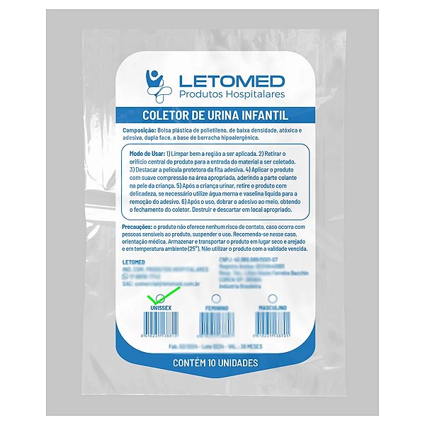 Coletor de Urina Infantil Unissex 100ml Letomed 10 unidades