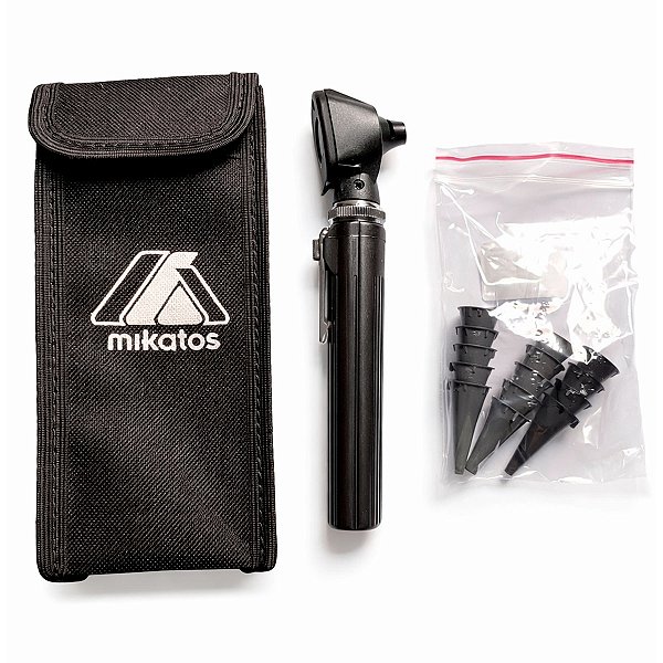Mini Otoscópio LED Mikatos Preto Lente 2,5x Com Espéculos