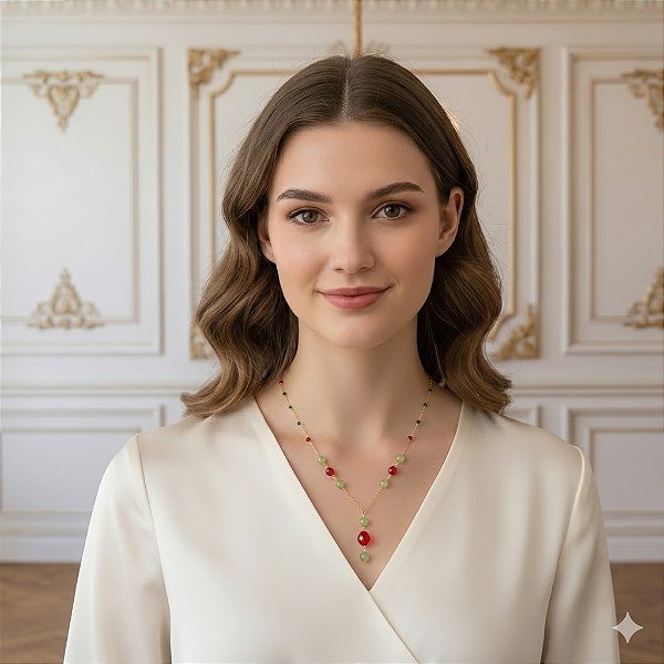 COLAR FEMININO COM PERIDOTO E CRISTAL VERMELHO "VIVACE"