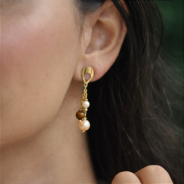 BRINCO COM OLHO DE TIGRE E PÉROLA DE ÁGUA DOCE "SERENITY (lustre)