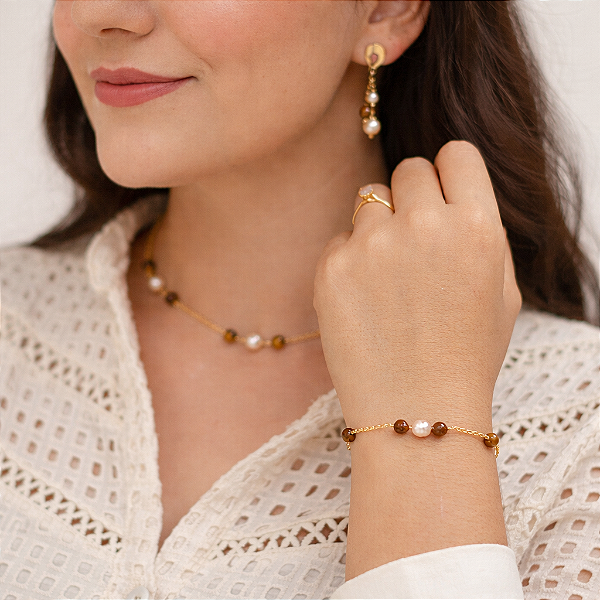 PULSEIRA FEMININA COM PÉROLA DE ÁGUA DOCE E OLHO DE TIGRE "SERENITY"