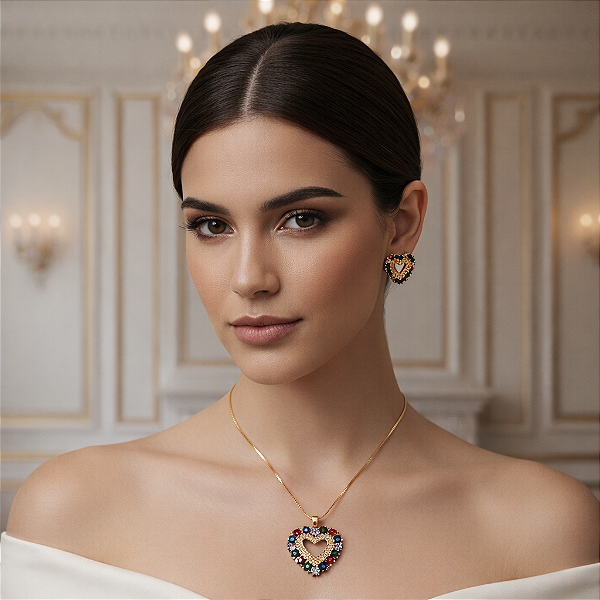 CONJUNTO FEMININO DE COLAR E BRINCOS DE CORAÇÃO "MAJESTIC HEART"