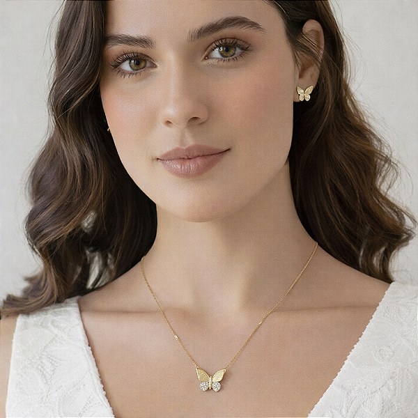 CONJUNTO FEMININO DE COLAR E BRINCO COM BORBOLETAS "SERAFINE"