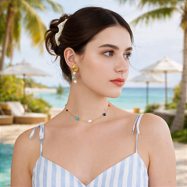 COLAR FEMININO COM PÉROLA E PEDRAS NATURAIS "VERÃO"