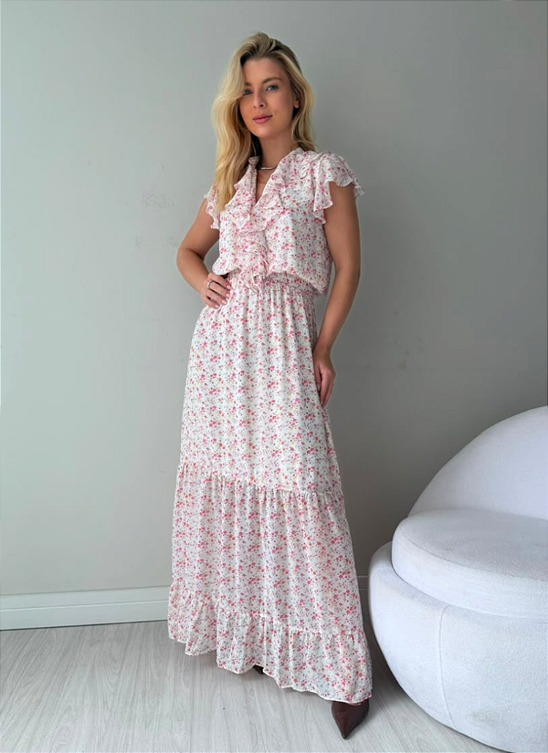 Vestido Longo Vichy Floral com Babados