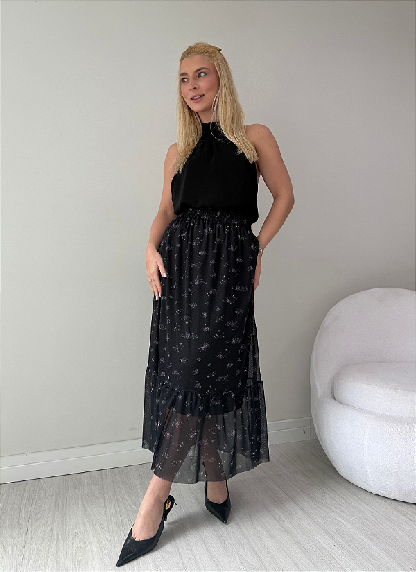 Saia Midi Tule Floral