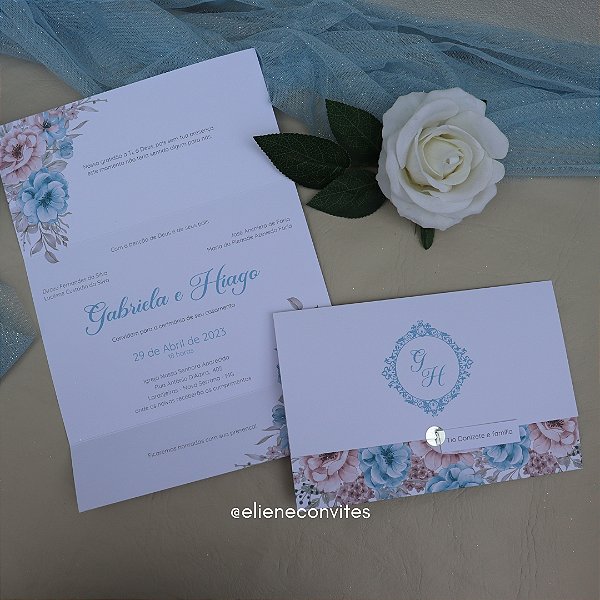 Convite de Casamento Floral - Paleta Azul Serenity