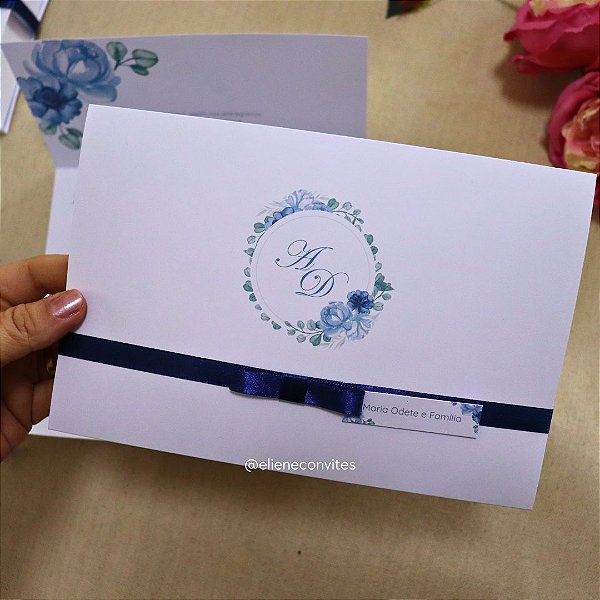 Convite de Casamento Floral Azul Marinho