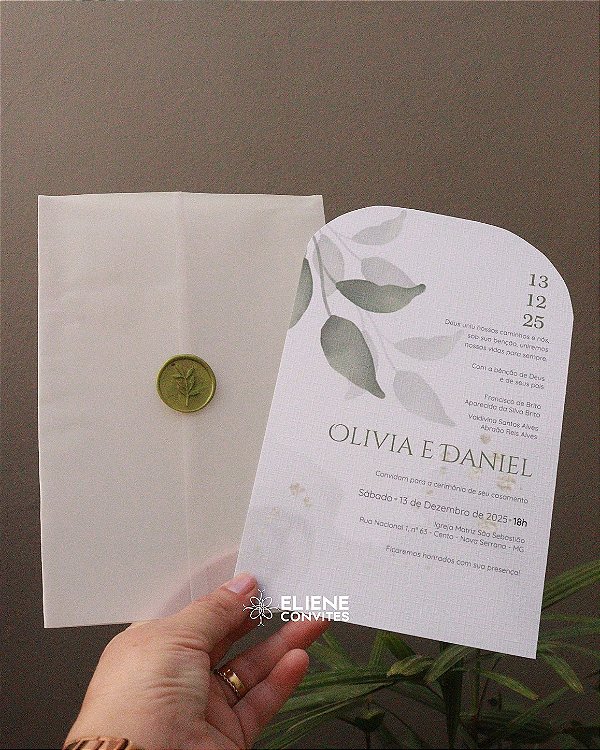 Convite de Casamento Folhagem Verde com Lacre de Cera | Modelo Premium