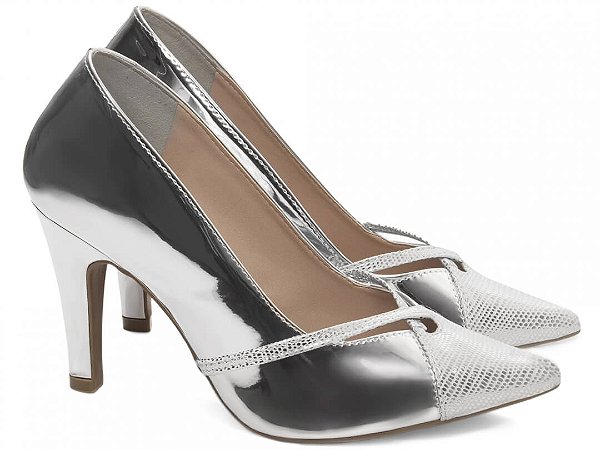 Sapato Scarpin Salto Fino Médio Specchio Prata Torricella AVS 68008B