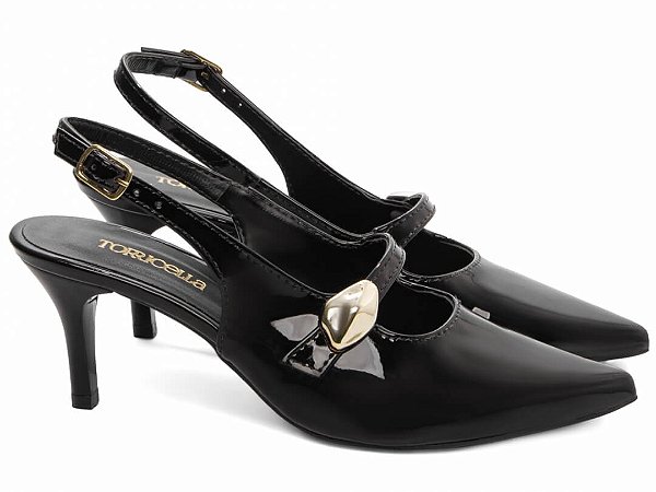 Sapato Scarpin Salto Fino Médio Preto Aplique Dourado Torricella AVS 600.16A