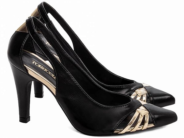 Sapato Scarpin Salto Fino Médio Preto Speechio Ouro Light Torricella AVS 68007A
