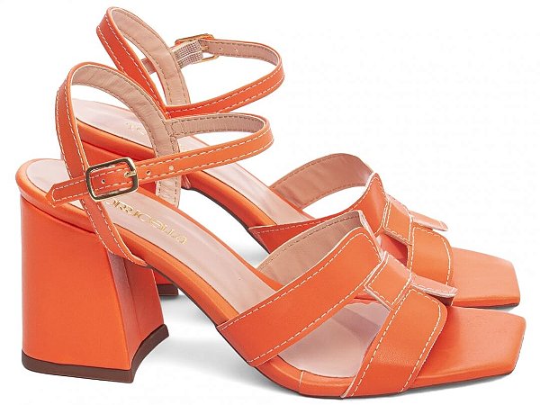 Sandália Salto Grosso Médio 7cm Napa Laranja Vibrante Torricella Design Moderno AVS 46001B