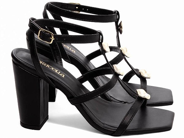 Sandália Salto Grosso 9cm Napa Preto com Apliques Dourados Torricella Design Clássico AVS 45098A