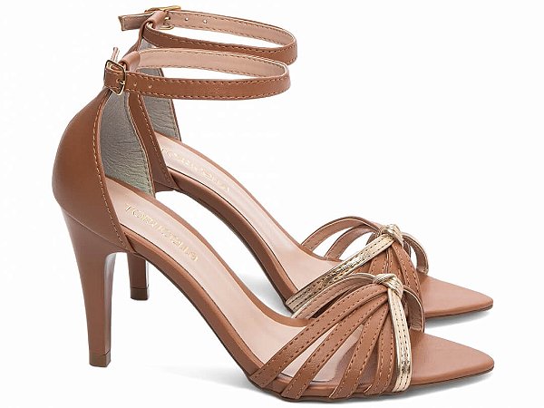 Sandália Feminina Salto Médio Fino Caramelo e Ouro Light Torricella AVS 2057C