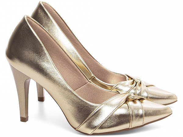 Scarpin Bico Fino Salto Alto Dourado com Nó Napa Premium AVS Global 9200-113E