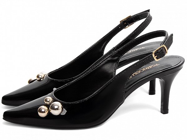 Sapato Scarpin Salto Fino Médio 6cm Verniz Preto com Detalhes Dourados Torricella AVS 600.18A