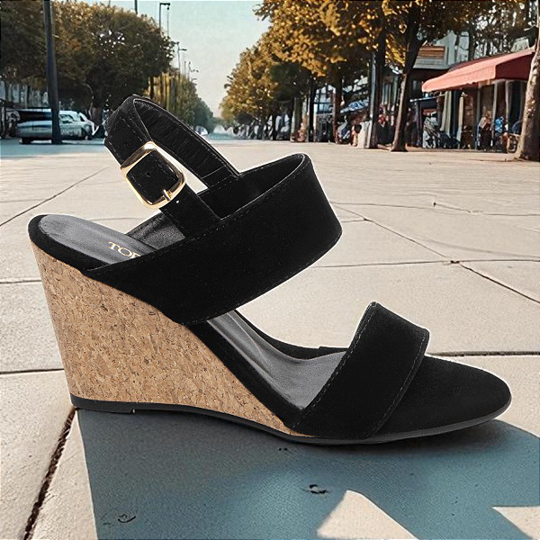 Sandália Anabela Plataforma 7cm Camurção Preto Salto Cortiça Conforto e Elegância AVS 4074A