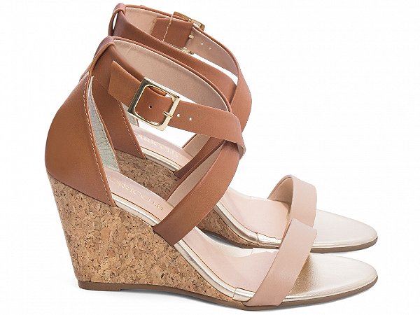 Sandália Anabela Plataforma 7cm Napa Caramelo e Bege Salto Cortiça Design Moderno AVS 4071A