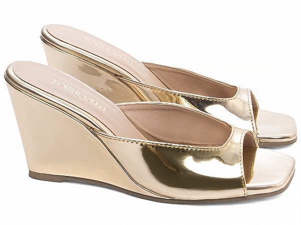 Tamanco Salto Cunha 7cm Verniz Metalizado Ouro Light Specchio Design Elegante e Confortável AVS 4068A