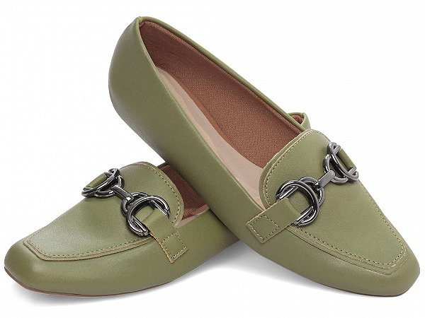 Sapatilha Mocassim Feminino Bico Fino Verde com Bridão Grafite Elegante Torricella AVS 70.041E