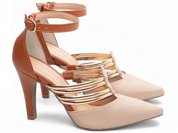 Sandália Scarpin Salto 9cm Napa Caramelo e Bege Tiras Ouro Light AVS Global 66082D