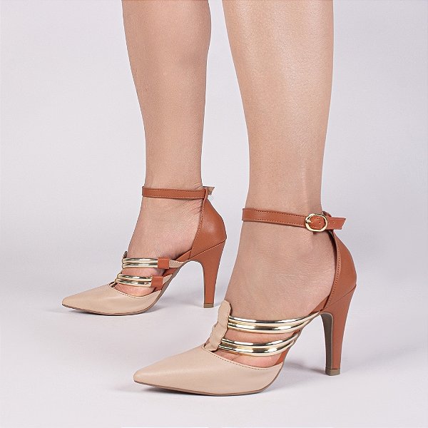 Sandália Scarpin Salto 9cm Napa Caramelo e Bege Tiras Ouro Light AVS Global 66082D
