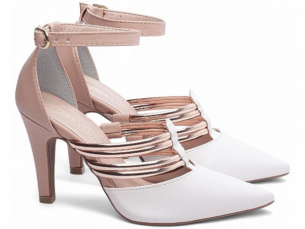 Sandália Scarpin Branco para Noiva com Salto Médio 9cm em Napa Rosê e Tiras Metalizadas Rosê Elegante AVS 66082A