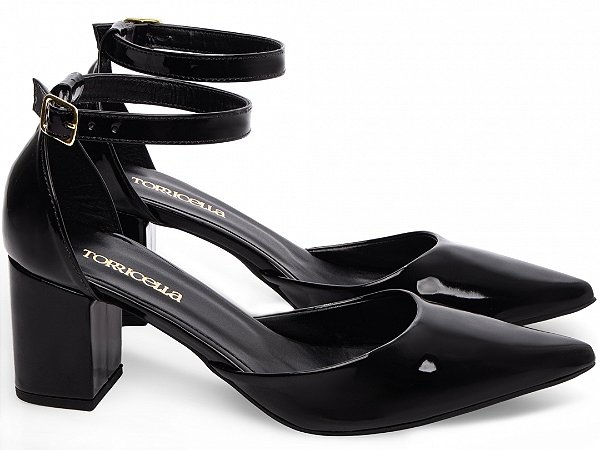 Scarpin Preto Verniz Salto Médio Bico Fino Torricella Fivela Dourada Luxo AVS 606A