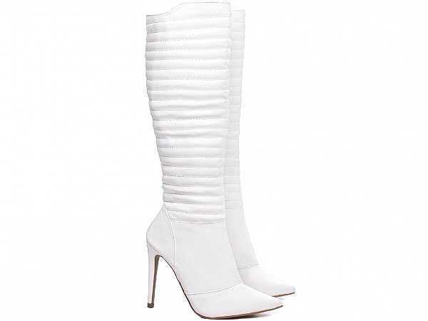 Bota Feminina Cano Alto Branca Salto Fino 12cm Matelassê Napa Torricella AVS 80005C
