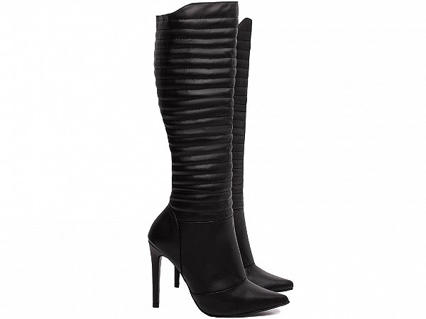Bota Feminina Cano Alto Preta Salto Fino 12 cm Matelassê Napa Torricella AVS 80005B