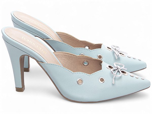 Scarpin Mule Azul Torricella Salto Fino 9cm com Laço Prata Feminino AVS 67078A