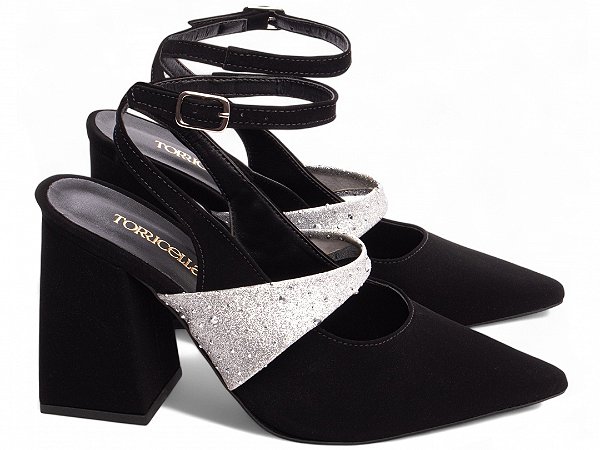 Scarpin Nobuck Glitter Torricella Salto Grosso 8,5cm com Fivela Prata AVS 67075A