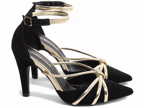 Scarpin Salto Fino Preto Torricella 9cm com Detalhes Metalizados Dourado AVS 67072A