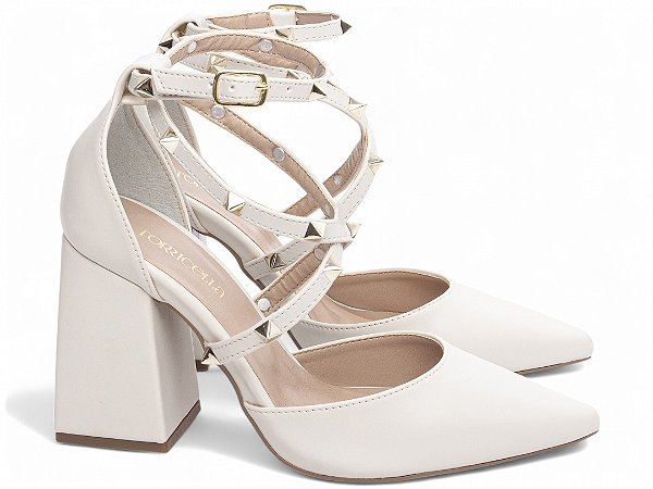 Scarpin Salto Grosso Off White Torricella 8,5cm com Apliques Dourados AVS 66077C
